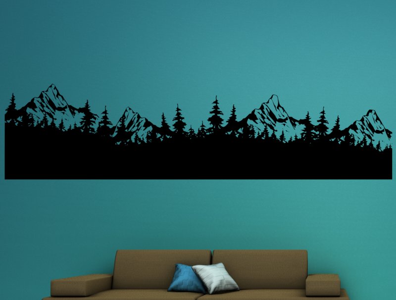 46363 Wald und Berglandschaft Silhouette Wandtattoo blaue Wand-braunes Sofa Mein-Motiv-de